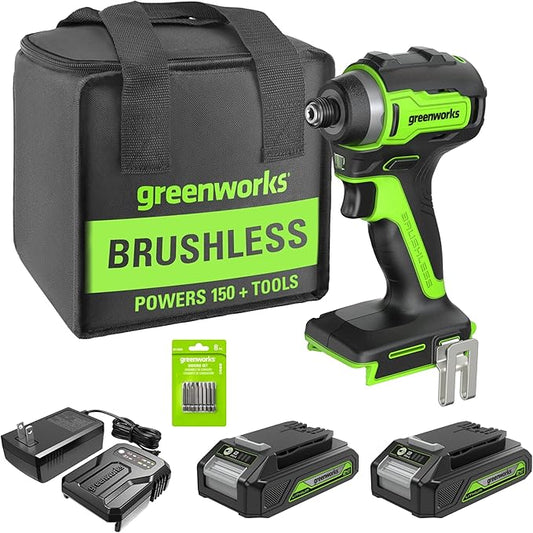 Greenworks 24V Brushless Cordless Impact Driver Kit, 1950 in./lbs Torque, 1/4'' Hex Collet, Variable Speed, 2×2Ah Batteries with 2A Charger, LED Light, 8pcs Drill/Driver Bits with Tool Bag