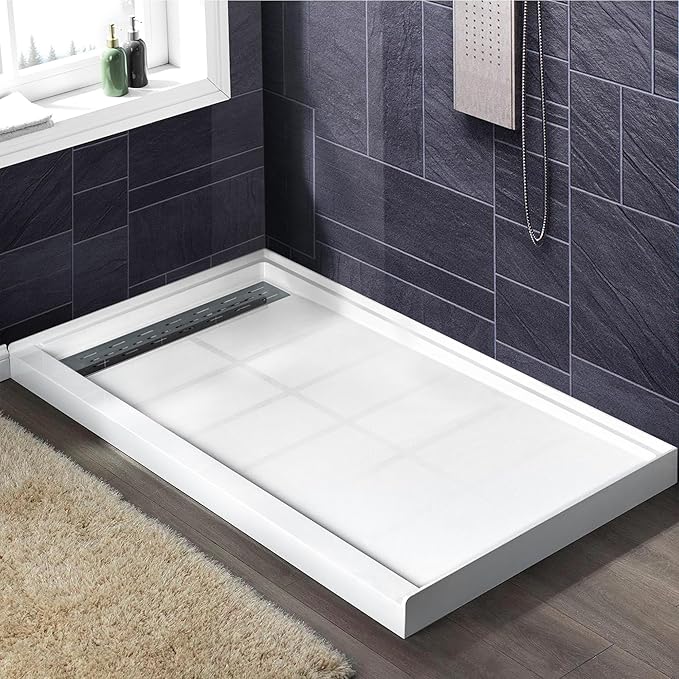 Shower Base Pan in White Left Linear Drainer, Rectangular Shower Base 48"×36"×4" with Non-Slip Floor Panel and Stainless Steel Shower Drain Cover