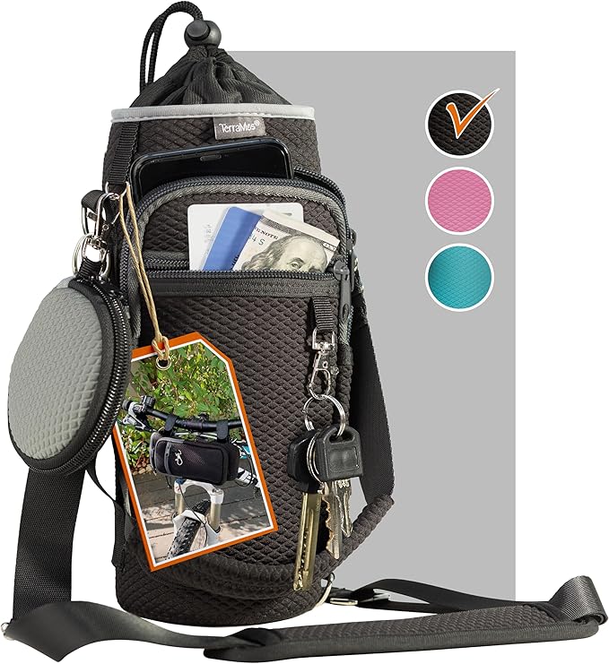 Water Bottle Holder with Strap - Water Bottle Carrier Sling Bag Crossbody with Metal Clips and Rings, Keychain, Extra Small Round Purse, Hook and Loop for Your Bike, Stroller, Backpack