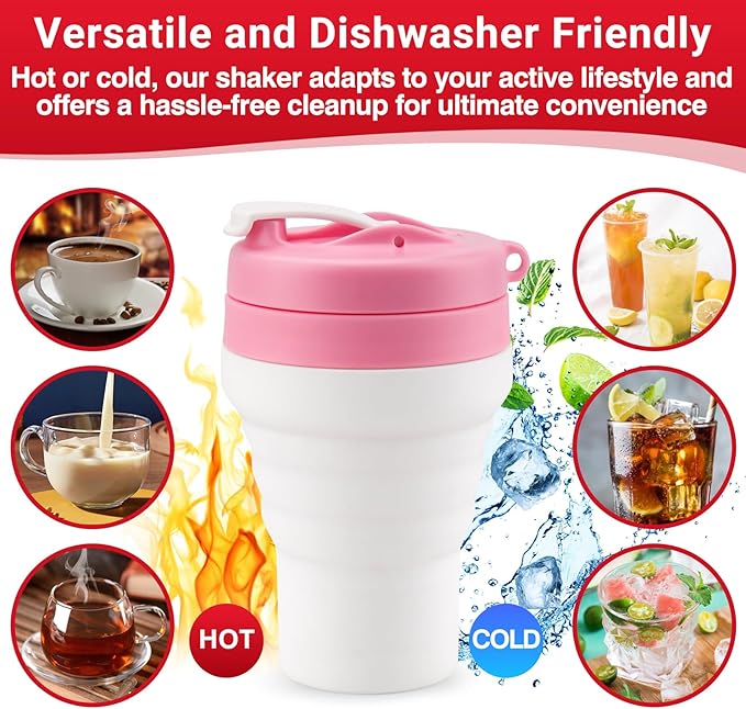 Protein Shaker Bottle Pink Collapsible - Food-Grade, Leakproof Lid 600mL 20oz Pink Shaker - Reusable Silicone Shaker Cups for Protein Shakes