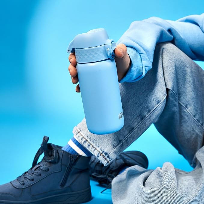 Ion8 Kids Water Bottle, Steel 400 ml/13 oz, Leak Proof, Easy to Open, Secure Lock, Dishwasher Safe, Flip Cover, Carry Handle, Easy Clean, Durable, Scratch Resistant, Carbon Neutral, Alaskan Blue