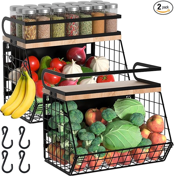 Magnetic Spice Rack for Refrigerator, Fruit, Potato & Onion Storage Bin,Large Capacity Magnetic Shelves for Side of Refrigerator, Kitchen Organizers and Storage Countertop,2 Pack Black