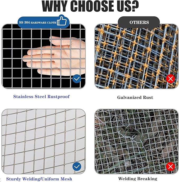 Stainless Steel Hardware Cloth Size:23Gauge 1/4inch 16inchx8Feet 304 Stainless Steel Welded Wire Mesh Supports Poultry Netting Cage Fence,Keep The Animals Out, Protecting New Plants