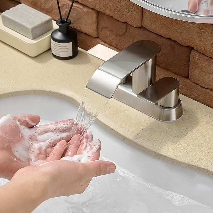 Waterfall Bathroom Sink Faucet 4 Inch Brushed Nickel Faucet Bathroom with Pop Up Drain 2 or 3 Holes Bathrooms Basin Lavatory Mixer Tap with Deck Mount Plate