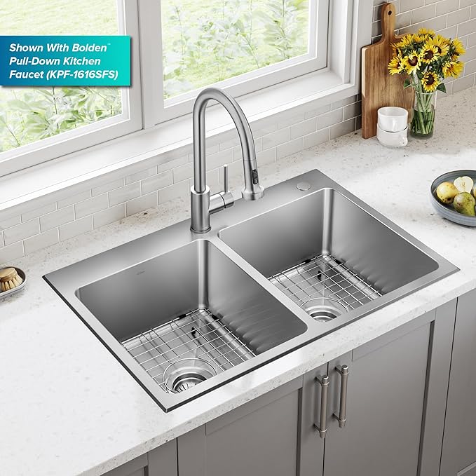 KRAUS Fairlane 33-inch Drop In/Top Mount Double Bowl 18-Gauge Stainless Steel Kitchen Sink, KHT632-33