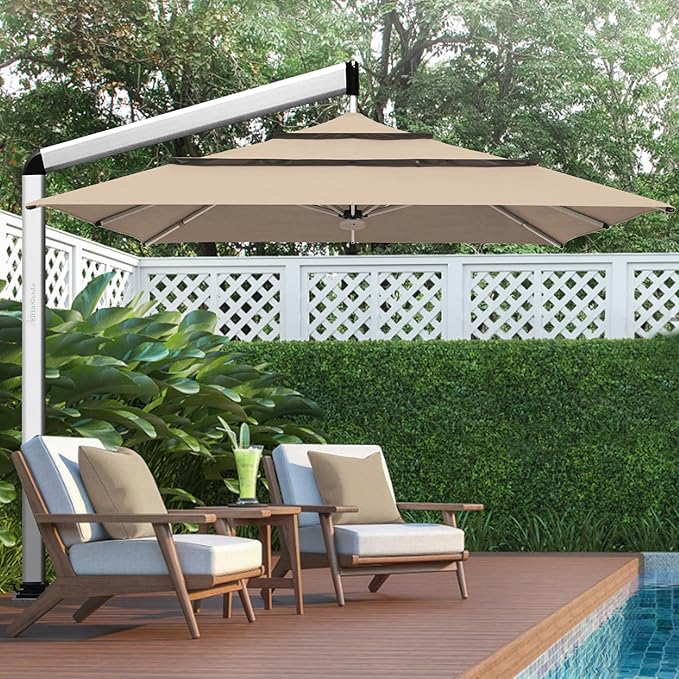 EliteShade USA Atlas 3-Tier 10x10FT Full Aluminum Cantilever Patio Umbrella for Outdoor restaurant Garden Courtyard Deck Pool and Marketing with Light(No battery),Heather Beige