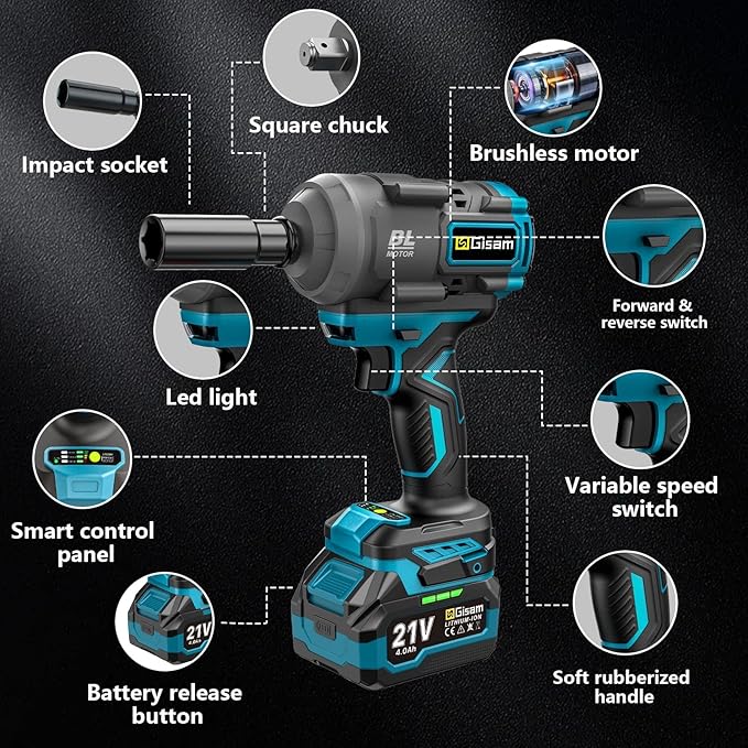 Cordless Impact Wrench, 900FT-LB (1200N.m) Max Torque Brushless Electric Impact Gun, 3-Speed Auto-Off Reverse, LED Work Light - 1/2" Drive for Mechanics, Car Owners & Heavy-Duty DIY