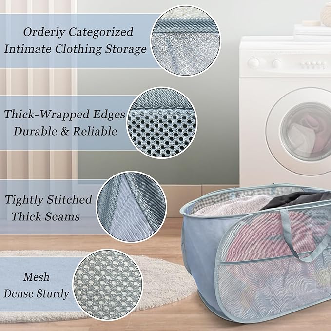 Collapsible Laundry Baskets 2 Pack, Mesh Pop Up Hamper with Handles, Portable Stair Basket, Dorm or Room Folding Bin, Dirty Clothes Hamper Light Breathable. Grey. 2H