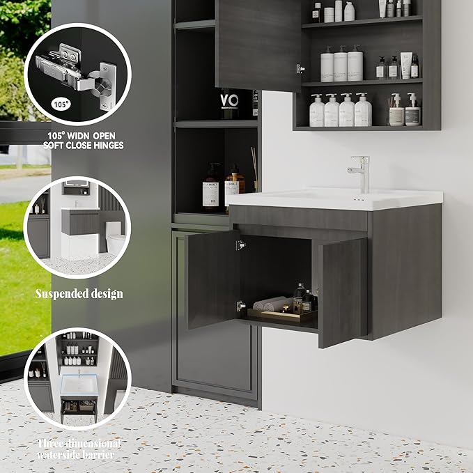 24'' Bathroom Vanity with Ceramic Sink Combo, Wall Mounted Small Bathroom Vanity with Soft-Close Door Modern Floating Cabinet, Pop-up Drain, P-Trap Included, GreyWalnut(No Faucet)