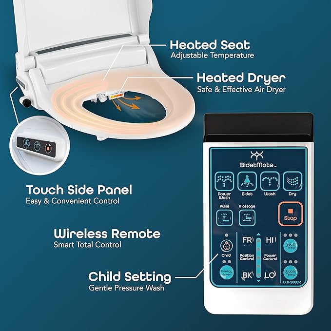 BidetMate 2000 Series Heated Bidet Attachment for Toilet with Unlimited Heated Water, Wireless Remote, Deodorizer, and Warm Air Dryer - Adjustable and Self-Cleaning - Fits Elongated Toilets