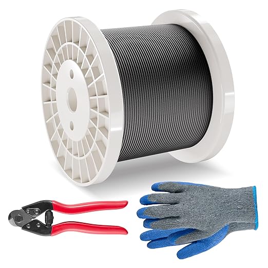 VEVOR 1/8 Black Stainless Steel Cable, 500 FT 316 Black Cable Railing Kit, Cable Railing System Wire Rope with Cutter & Gloves, 7x7 Strands Core Marine Aircraft Cable for Handrail Stair Deck Fence