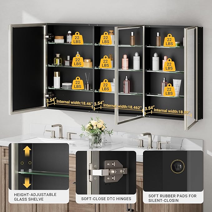 60x30 Brushed Nickel Medicine Cabinet, Recessed or Surface Large Framed Medicine Cabinet with 3 Beveled Mirror Door & Adjustable Shelves, Shatterproof, Pre-Assembled Bathroom Storage Cabinet