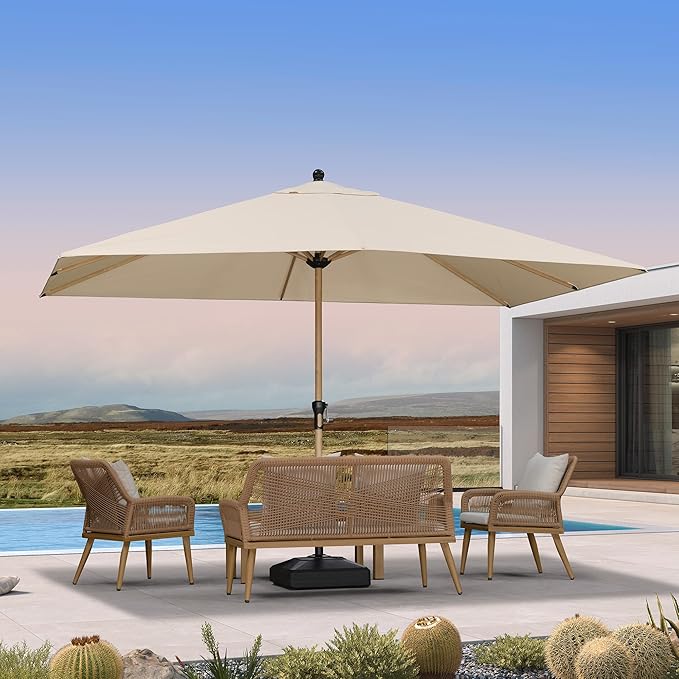 PURPLE LEAF 9' x 11.5' Patio Umbrella Outdoor Table Umbrella Rectangular Aluminum Market Umbrella with 8 Sturdy Ribs & Crank Outdoor Umbrellas for Garden Deck Patio, Beige