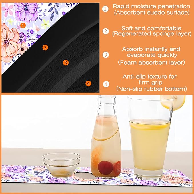 Kitchen Sink Splash Guard Faucet Mat Beautiful Meadow Flowers Sink Splash Guard Behind Faucet,1 PC Soft Diatom Mud Non-Slip Mat-for Kitchen,Dish Drying Mat,Bathroom Faucet Mat 15.5""X5.5""