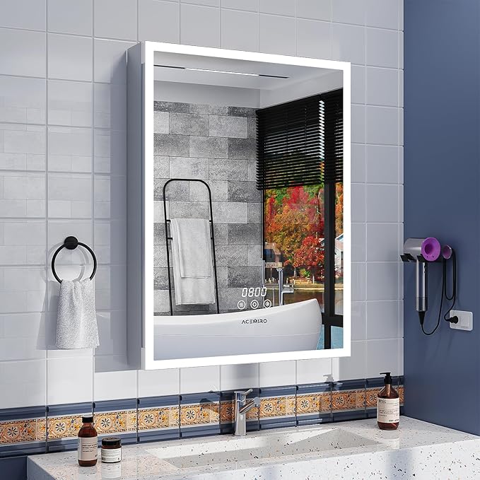 24"×32" Medicine Cabinet with Mirror and Lights, Surface or Recessed LED Bathroom Mirror Cabinet with Outlet & USB Ports, Defogger, Dimmer, Memory Function, Clock & Temp, Door Right Open