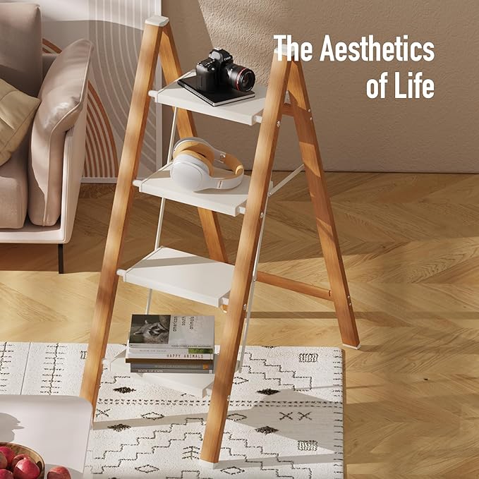 4 Step Lightweight Aluminum Folding Ladder, Portable Step Stool with Anti-Slip Pedals, 330 lbs Capacity for Home, Office, Kitchen（White&Woodgrain）