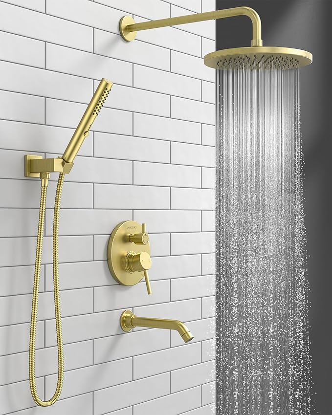 Lava Odoro Modern 3-Setting Round Rain Bathtub and Shower Faucet Set, Gold Rainfall Shower Head and Handle Set, Rain Shower System with Tub Spout, Shower Valve Trim Kit, Brushed Gold, SF104-SG-T