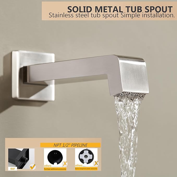 Tub and Shower Faucet Set Dual Shower Heads with Handheld Spray Combo and Tub Spout, All Metal Dual Shower Head Combo and 3-Way Diverter,Tub Faucet Brushed Nickel