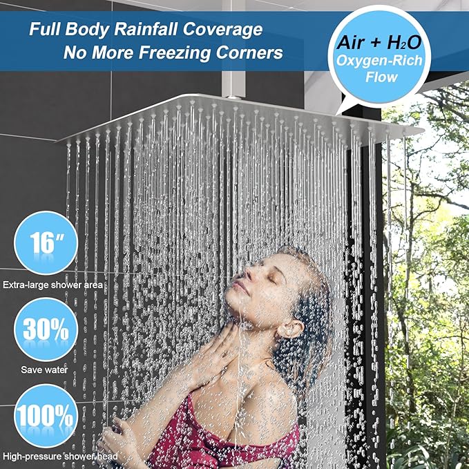 Enga Shower Jets System, 16 inch Ceiling Rainfall Shower System with Spray Jets(Can All Run Together) Thermostatic Shower System with Handheld Shower Head and 6 Body Spray Jets, Brushed Nickel