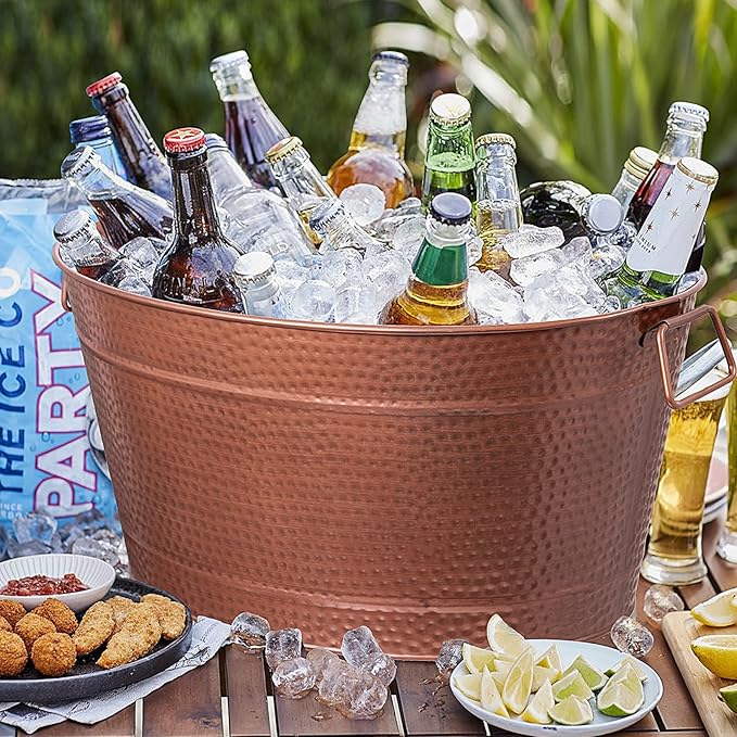 Large Ice Buckets with Handles for Parties, IKAYAS Beverage Tub Rose Copper Stainless-Steel Ice Tub with Scoop and Tongs for Cocktail Bar Mimosa Bar Supplies