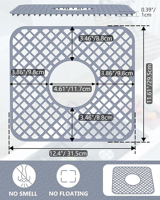 2 Pack Silicone Sink Protector for Kitchen Sink, Lozenge Pattern 12 x 11" Sink Grid Mat Silicone Protectors, Center Drain, Gray