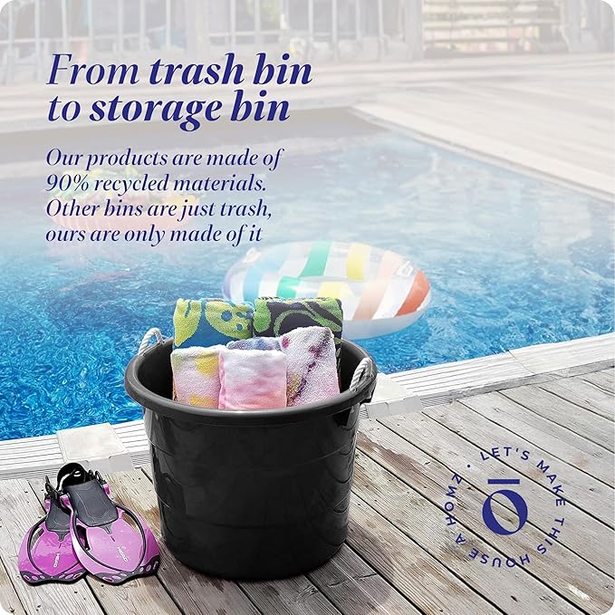 Homz 18 Gallon Plastic Multipurpose Utility Storage Bucket Tub with Strong Rope Handles for Indoor and Outdoor Use, Black, (2 Pack)