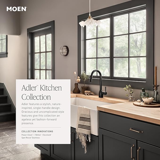 Moen Adler Matte Black One-Handle High Arc Kitchen Sink Faucet with Power Clean, Modern Kitchen Faucet with Pull Down Sprayer, 87233BL