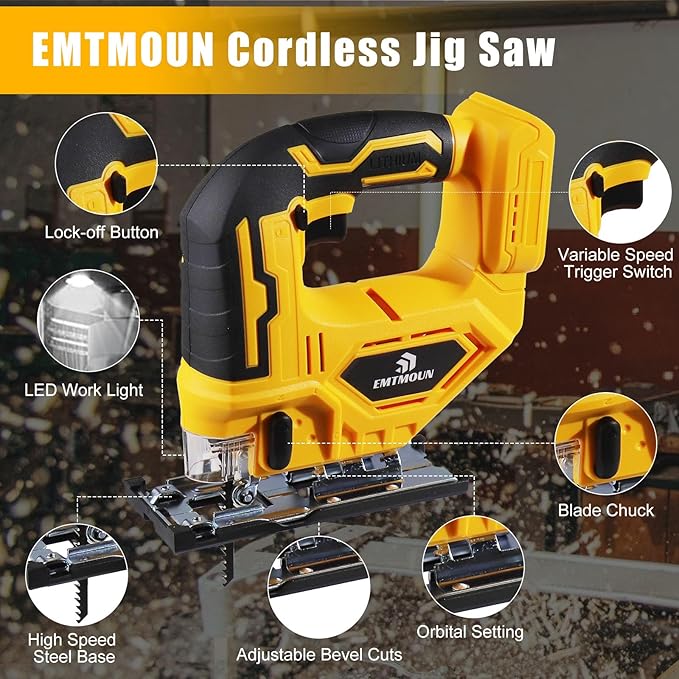 Cordless Jig Saw Compatible with Dewalt 20V Max Battery, Brushless Jigsaw For 3 Orbital Settings, 3200RPM, 0-45° Bevel Cuts, Jigsaw Tool with LED Light (Battery Not Included)