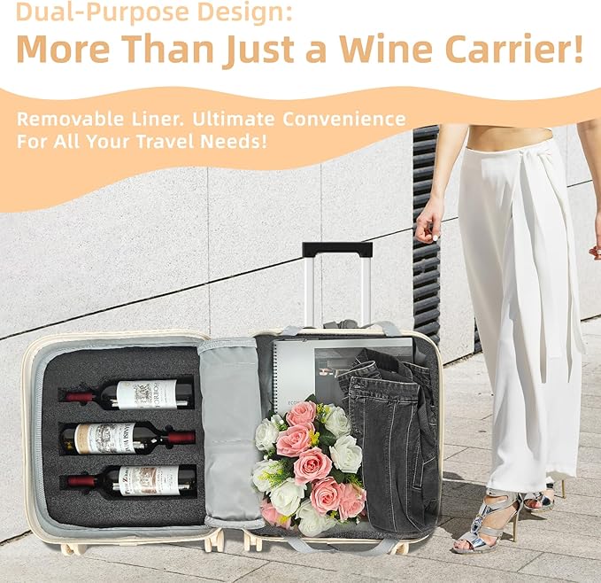 Wine Suitcase, 6 Bottle Wine Luggage, Durable Wine Travel Case, Fly With Wine Suitcase with TSA Lock, Versatile Wine Carrier with Removable Inserts and Silent Spinner Wheels（Cream）