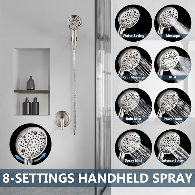Aolemi Shower Faucet Set Rain Shower Head System Shower Trim Kit Pressure Rough-in Valve Included ABS 8 Setting Single Handheld Spray Brushed Nickel