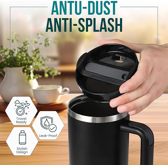 Generic Cup Inspired 40oz Insulated Water Tumbler with Handle & Straw - Vacuum Sealed Travel Mug for Hot & Cold Drinks, Ideal for Office & Home (Black)