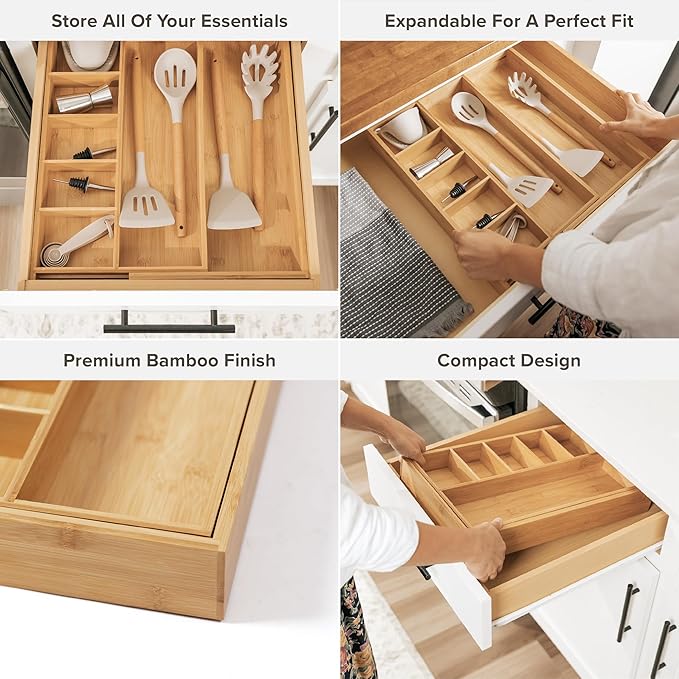KitchenEdge Adjustable Kitchen Drawer Organizer for Utensils and Junk, Food-Safe Contract Grade with 100% Sustainable Wood, Expandable from 10.5 to 19 Inches Wide - Natural Bamboo
