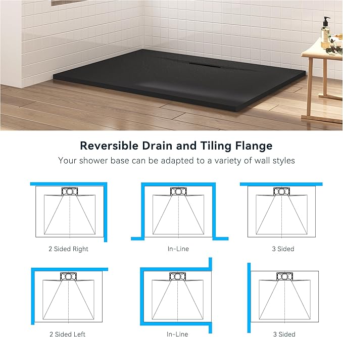 FerdY 47.2"x35.4" Low Threshold Shower Base, Non-Slip SMC Slate Stone Surface Shower Pan with SMC Drain Cover and 3-Sided Aluminum Waterproof Strip, Black