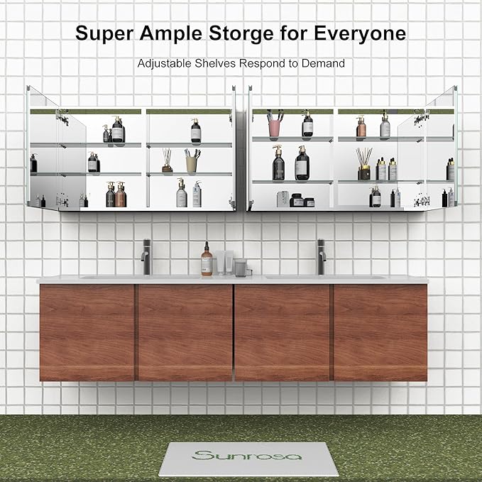 Sunrosa Aluminum Bathroom Medicine Cabinet with Mirror Door, 48" x 27.5", 2-Door Wall-Mounted & Recessed Bathroom Medicine Cabinet Organizer