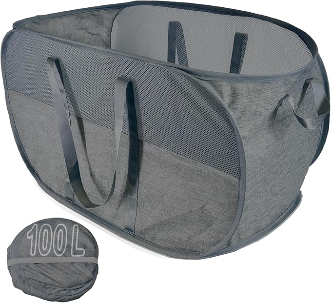 Upgraded 100L Collapsible Laundry Basket, Extra Large Mesh Pop Up Laundry Hamper, Dirty Clothes Hamper with long Handles, Pop-up Hampers for Laundry Travel. Dorm or Home Portable Laundry Basket. Black