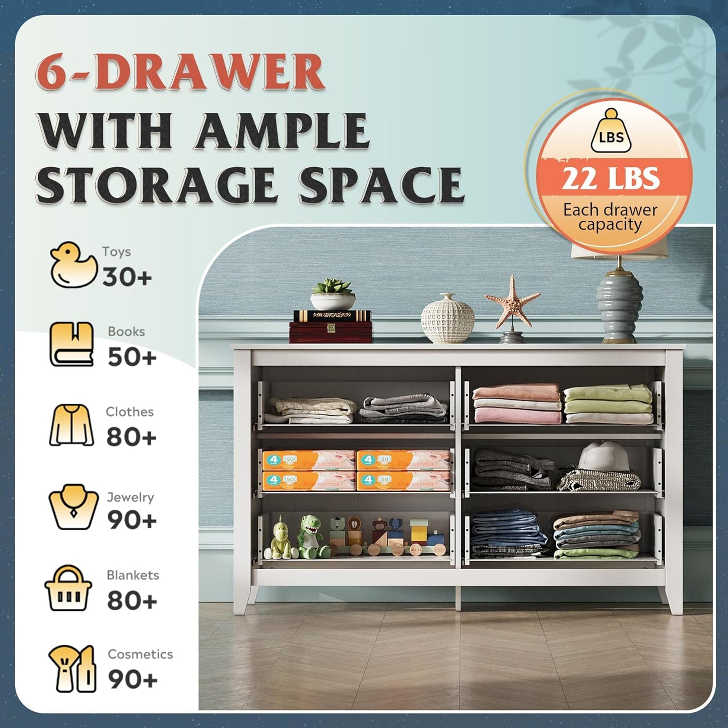 WLIVE White Dresser for Bedroom, 6 Drawer Wood Dresser with Metal Handle, Large Double Wooden Chest of Drawers for Living Room, Hallway, Closet