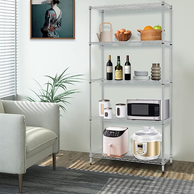 BestOffice | 5-Tier Wire Storage Shelves with Wheels | 14x30x60 | Chrome | Adjustable Racks | Heavy-Duty Metal Shelf, Holds Upto 220 lbs | No-Tool Assembly | Ideal for Home & Garage Shelving