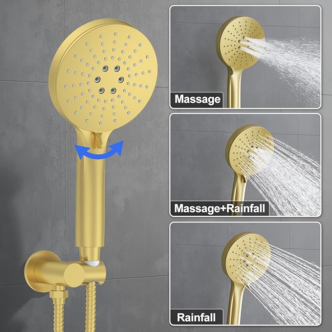 KOJOX Brushed Gold Thermostatic Shower System, Push Button Diverter Shower Faucet Set with 12" Ceiling Mount Rain Shower, 8" Wall Mount Shower Head, and 3-in-1 Handheld Spray