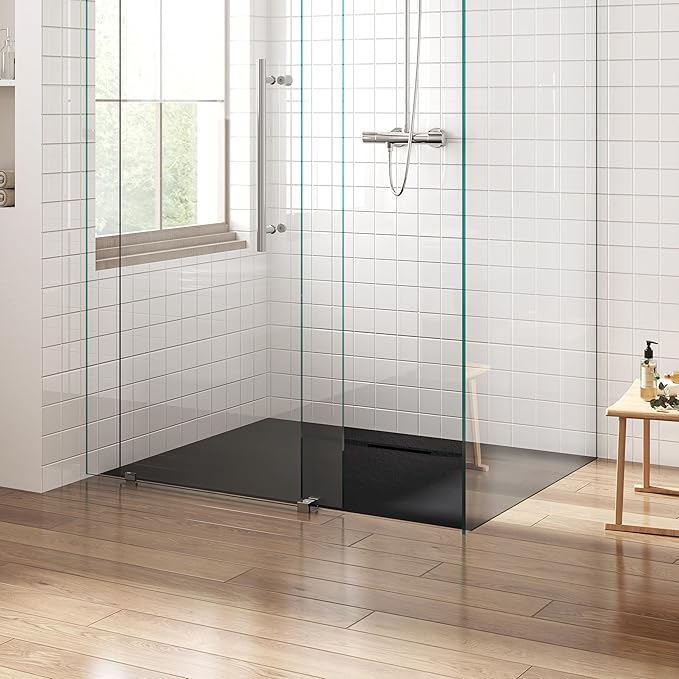 FerdY 47.2"x35.4" Low Threshold Shower Base, Non-Slip SMC Slate Stone Surface Shower Pan with SMC Drain Cover and 3-Sided Aluminum Waterproof Strip, Black
