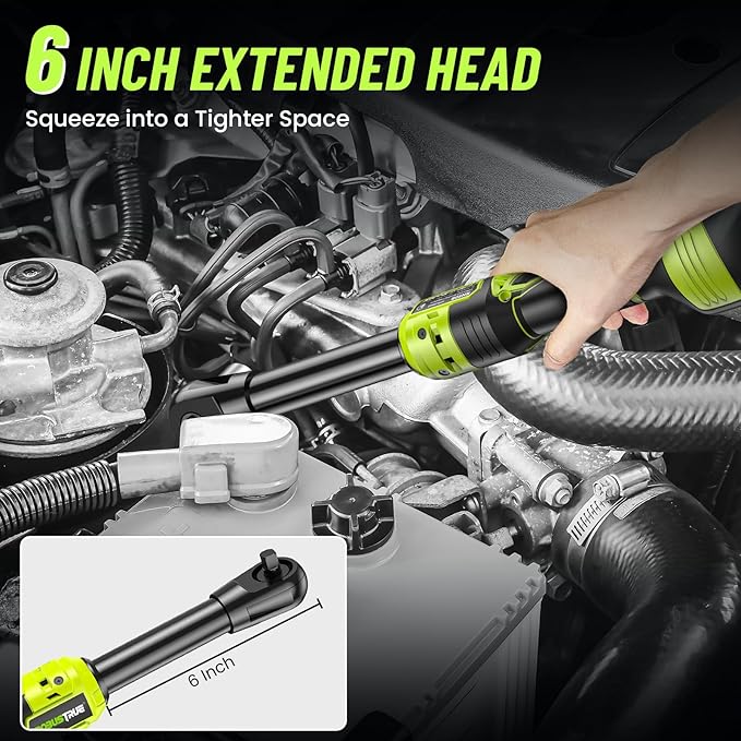 3/8" Cordless Ratchet Wrench: 58Ft-lbs (80N.m) 400RPM Light Weight Electric Ratchet, 6'' Extended Neck, 2 x2.0Ah Battery, 8 Sockets, 3" Extension Bar, LED Light (RH80B)