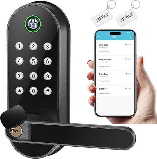 Keyless Entry Fingerprint Smart Lock with Handle & Keypad: Sifely Biometric Digital Electronic Lock with Code, Electric Deadbolt Door Knob for Front, Interior, Exterior & Bedroom Doors (Black)