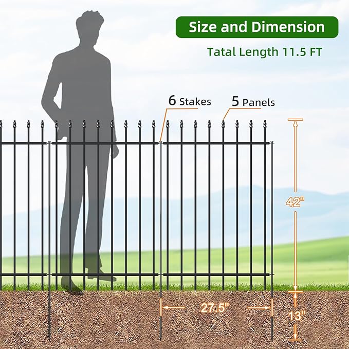 Metal Garden Fence 42 in H x 11.5 ft L, Border Fence Panels Animal Barrier for Dogs, No Dig Garden Fencing for Yard Patio Flower Bed Lawn Outdoor, 5 Panels + 6 Stakes Black
