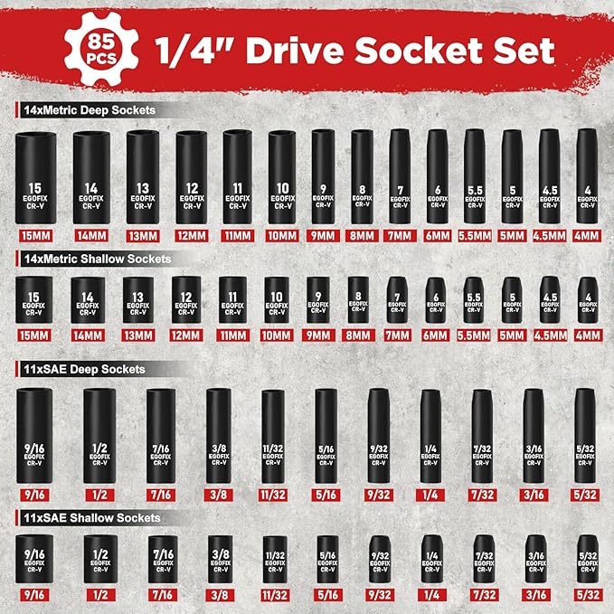 1/4" Socket Set 85 Piece, Metric Shallow/Deep Sockets (4-15mm) and SAE Shallow/Deep Sockets (5/32-9/16), Screwdriver Bit Set, Tool Kit for Home Use and Automotive Repair