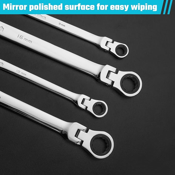 DURATECH 14 * 15 mm Extra Long Flex-Head Ratcheting Wrench, Metric, CR-V Steel