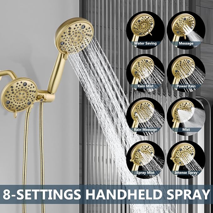 Aolemi Shower Faucet Set Rain Shower Head System Shower Trim Kit Pressure Rough-in Valve Included ABS 8 Setting Dual Shower Head and Handheld Spray Brushed Gold