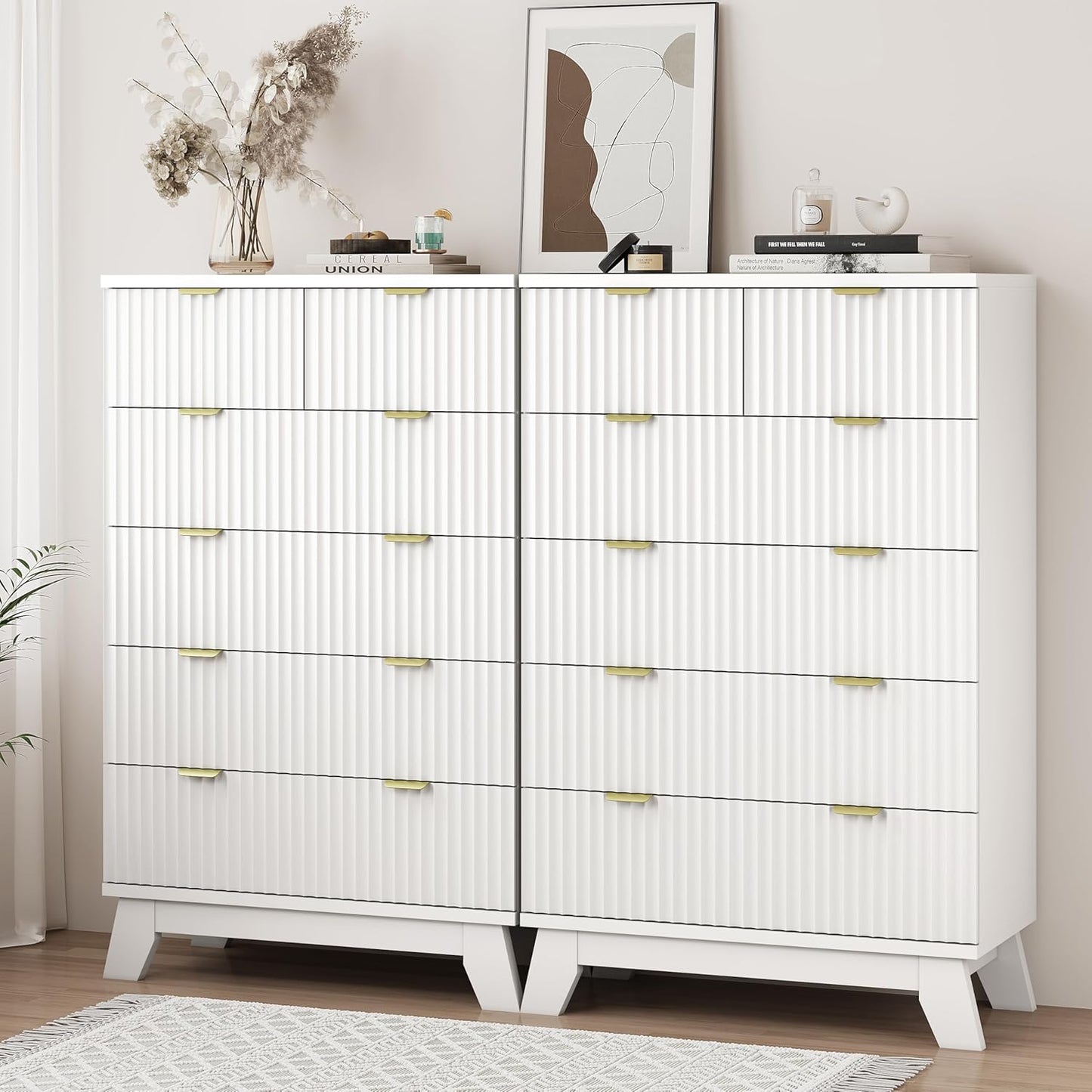 Fluted Dresser for Bedroom with 6 Drawers, 46" Tall Modern Chest of Drawers with Metal Handle, Wooden Dresser TV Stand, Wood Closet Clothes Storage Organizer for Living Room, Hallway, White