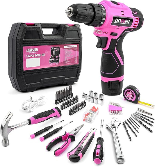DOWELL 147 Pcs Pink Tool Kit with 12V Cordless Drill with 3/8" Keyless Chuck for Women, Home, Men, Built-in LED, Type-C Charge Cable