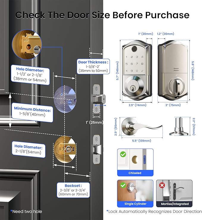 Veise VE017-L Fingerprint Smart Lock with 2 Lever Handles, Keyless Entry Front Door Lock Set, App Control, Electronic Digital Keypad Deadbolt, Easy Installation, Emergency Power Port, Satin Nickel