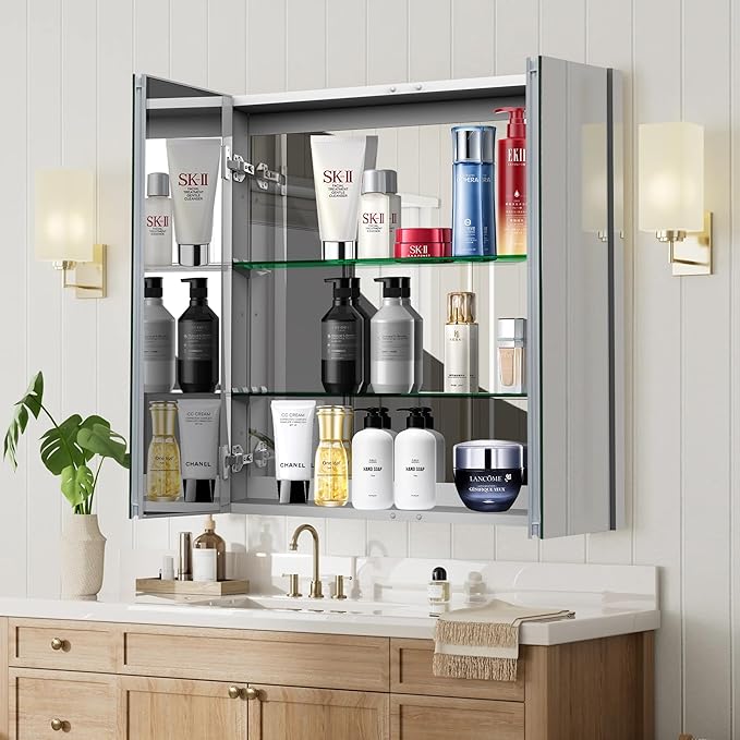 Medicine Cabinet with Mirror Door&Adjustable Shelves, Wall-Mounted Rectangular Medicine Cabinet Beveled Edge Frame, Dual Mirror Doors, 30" x 31.5"x 4.7"