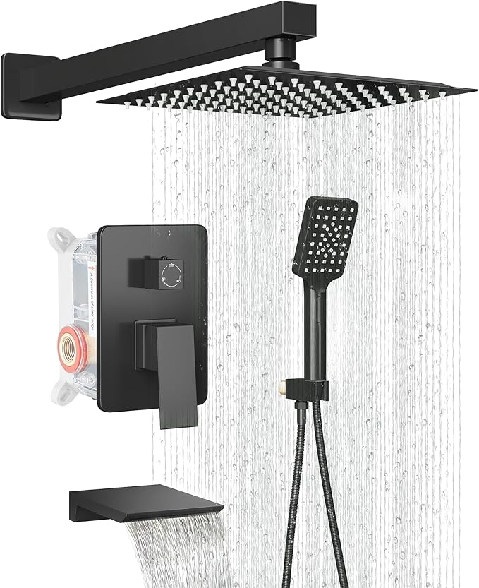 Shower Faucet Set Complete Matte Black Shower System with 8 inch Square Rainfall Shower Head 3-Function Handheld Shower Waterfall Bathtub Spout Rain Shower Combo Set Bathroom Wall Mounted
